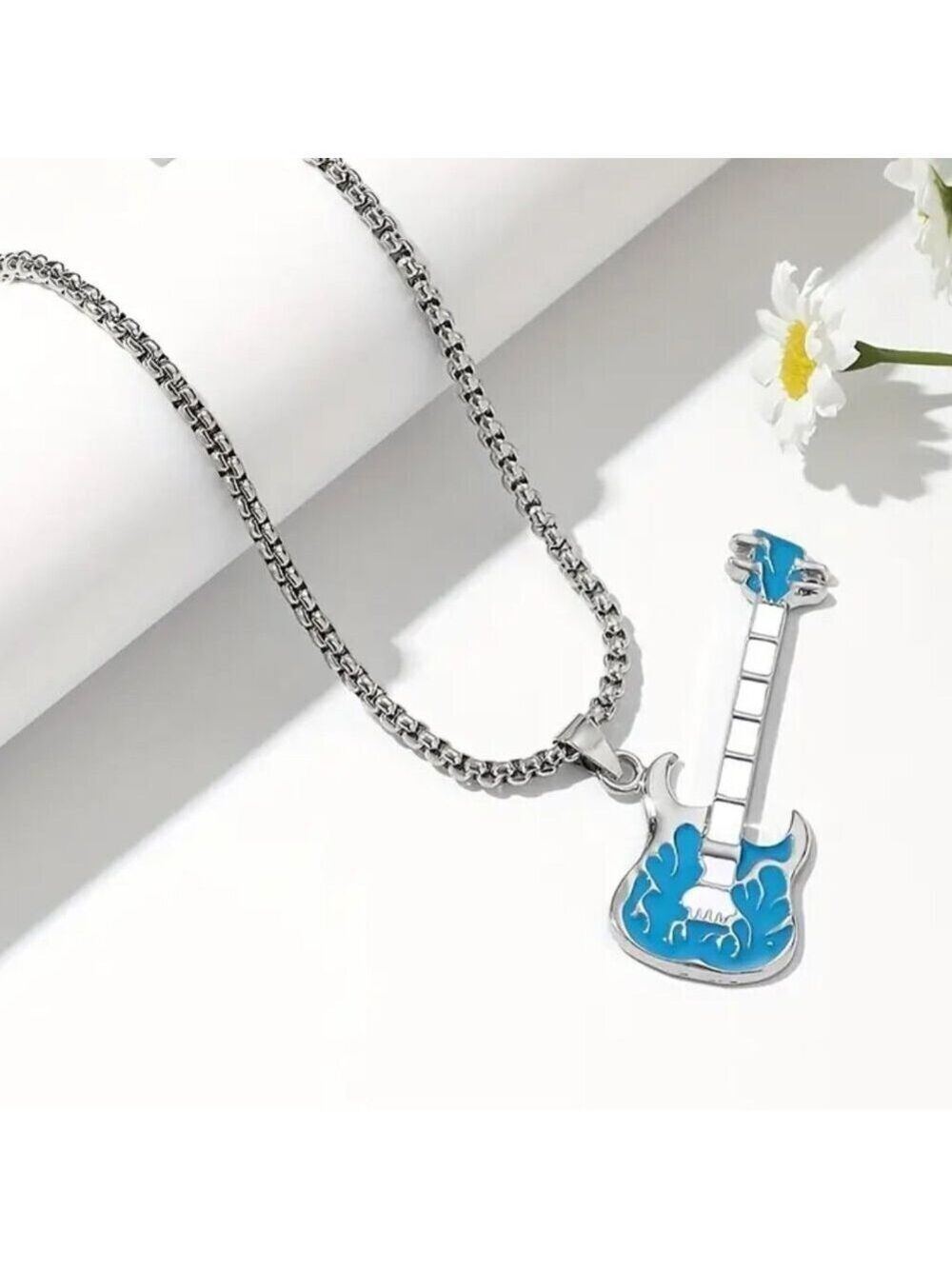 Emerald Green Flaming Guitar with White Neck Rocker Necklace and Pendant 1559 - Picture 13 of 16